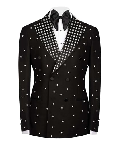 Mens 2 Pieces Tuxedo Suit Slim Fit Double Breasted Blazers Pants Outfit with Shiny Handmade Rhinestone2