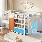 DICTAC Low Loft Bed with Desk and 6 Storage Drawers Twin Loft Bed with Bookshelf,LED Lights & Under-Bed Play Space,Kids Twin Beds with 13.8''H Safety Guardrail,Inclined Ladder & Play Curtain,Colorful