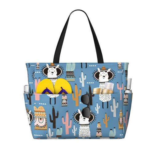 Llama Cactus Desert Plant Print Large Capacity Beach Travel Bag For Family, Beach Tote Bag For Women With Zipper Pockets