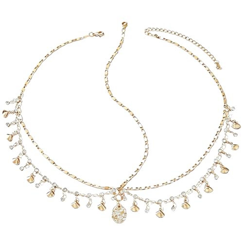 Goldenes Stirnband Damen Boho Kopfschmuck Damen Mehrlagige Kopfkette Gold mit Tropfen- und Medaillon-Anhängern Verstellbare Kopfkette Gold für Hochzeit Festival Party