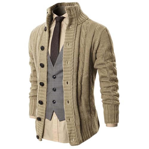 Men's Cardigan Sweaters Cable Knit Stand Collar Casual Button Long Sleeve Sweater with Ribbing Edge2