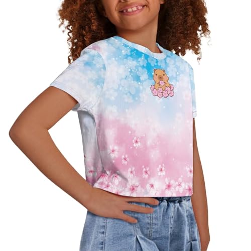 Image of Girls Crop Tees Crew Neck Casual Short Sleeve T Shirts Kids Loose Soft Comfortable Tees Blouses Shirt for Little Girl