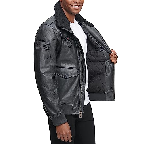 Tommy Hilfiger Men's Smooth Lamb Touch Faux Leather Unfilled Bomber, Black/Patches, Small3