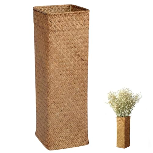 Vase de Mimbre Decorativo Natural rústico 4x4x12 en ratán Tejido jarrón de Rattan Estilo Granja alte Boho jarrones de Flores de Escritorio de Planta de Tallo Largo para Bodas, oficinas, centros de me