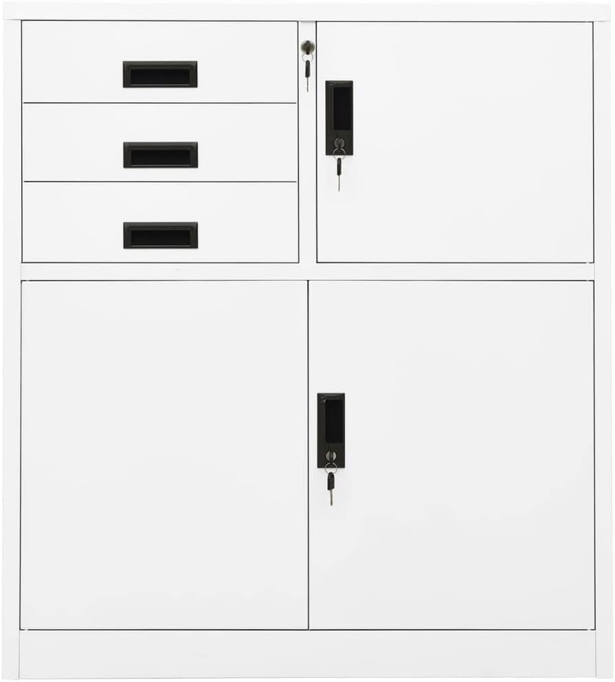 White Steel Office Cabinet with Lockable Security and Adjustable Shelving for Home and Workspace Storage