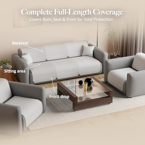 Image of Kuber Industries 5 Seater Sofa Cover | Slipcover for Living Room | Thick & Cozy | Non-Slip Comfort Sofa Cover Set | Columbia 258003 - Cream