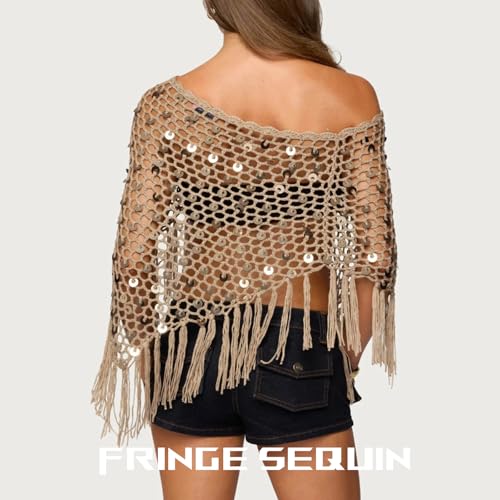 Fringe Sequin Crochet Poncho Women Sheer Poncho Top Lightweight Knit Mesh Batwing Sleeve Beachwear Cover Up Tops4