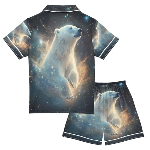 ALAZA Polar Bear Starry Sky Space Satin Pajamas Set Short Sleeve Button Down Sleepwear Summer Pjs 2 Piece2