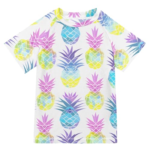 Boys Rash Guard Short Sleeve Swim Shirts for Boys Rainbow Pineapple Sun Protection 7-8T