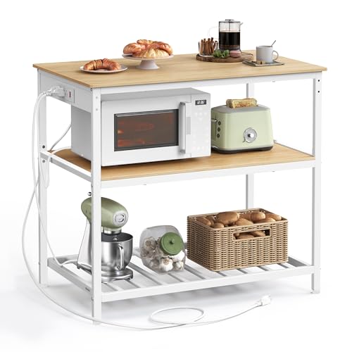Image of VASAGLE Kitchen Island with 3 Shelves, Kitchen Shelf with Power Strip, 23.6 x 39.4 x 34.9 Inches, Large Worktop, Steel Structure, Industrial, Easy to Assemble, Oak Color and White UKKI105Y01