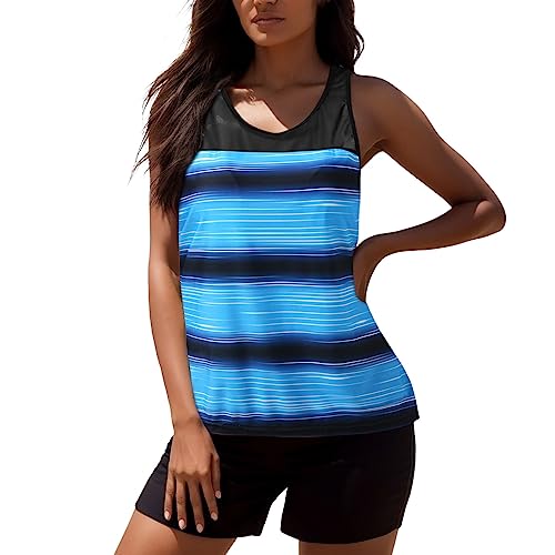 Conjunto Tankini Deportivo para Mujer Camiseta sin espalda con pantalón corto de baño de dos piezas cómodo y con estilo, azul, L