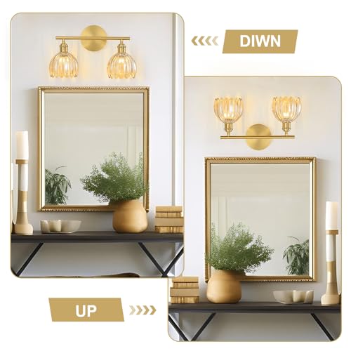 Image of Gold Bathroom Light Fixtures Over Mirror, 2 Light Bathroom Vanity Light with Tulip Amber Glass Lampshade, Vintage Vanity Lights for Bathroom, Bathroom Vanity Lights Over Mirror