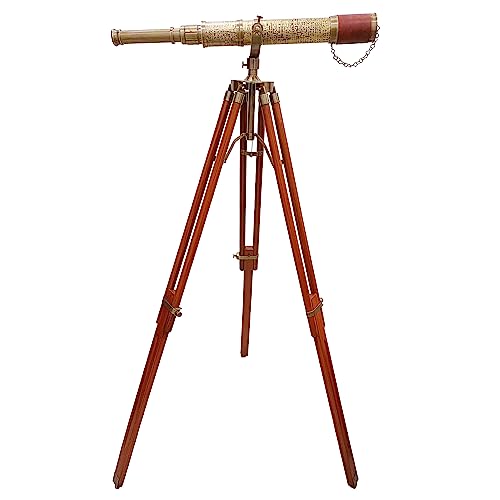 Vintage Royal Moon Arc Design Telescope Handmade Tripod Telescopes Brown Leather Covered Antique Brass Telescope Brown Tripod Handicraft Nautical Article Home Decor