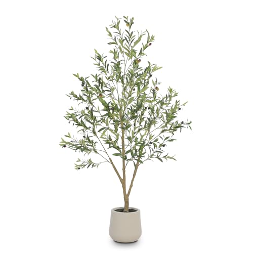 VIVATREES Olive Trees Artificial Indoor, 6FT Tall Faux Olive Tree with White Tall Planter, Artificial Plants with Natural Wood Trunk and Lifelike Fruits for Home Office Decor