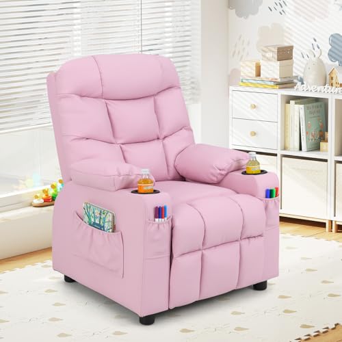 Image of Costzon Kids Recliner Chair with Cup Holder, Adjustable Lounge Chair w /Footrest & Side Pockets for Children Boys Girls Room, Ergonomic Toddler Furniture Sofa, Kids Pink Recliner (Pink)