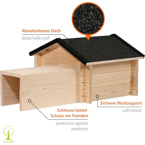 dobar® Igelhaus mit Stecksystem - Igelfutterhaus mit Bitumendach - Igelhütte mit langem Eingang Raubtierschutz - Igelhotel Winterfest - 70 x 39 x 31 cm - Natur
