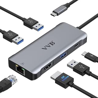 USB C Hub Multiport Adapter for Macbook Pro Air, 6 in 1 USB C Adapter USB C Dongle to 4K HDMI, Ethernet, 100W PD, 3 USB 3.0 Ports, type c ethernet adapter compatible with Surface, Dell, HP, Lenovo
