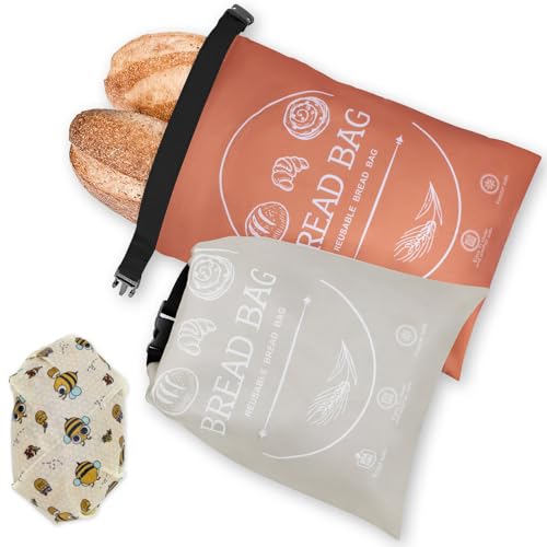 Bread Bags for Homemade with Beeswax Wrap - Zipper Reusable Bread Bag for Sourdough 2-Pack, Reusable Food Storage Bag to Keep Sourdough Fresh, Freezer-Safe, Eco-Friendly (Orange&Grey)