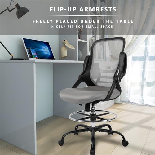 Image of HYLONE Drafting Chair, Tall Office Chair Standing Desk Chair Grey Mesh High-Back Drafting Stool with Flip-Up Arms, Adjustable Foot Ring