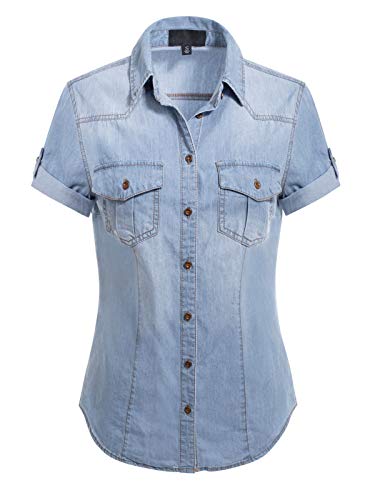 Design by Olivia Women's Button-Down Cap Sleeve Denim Chambray Shirt Washed Light Denim S