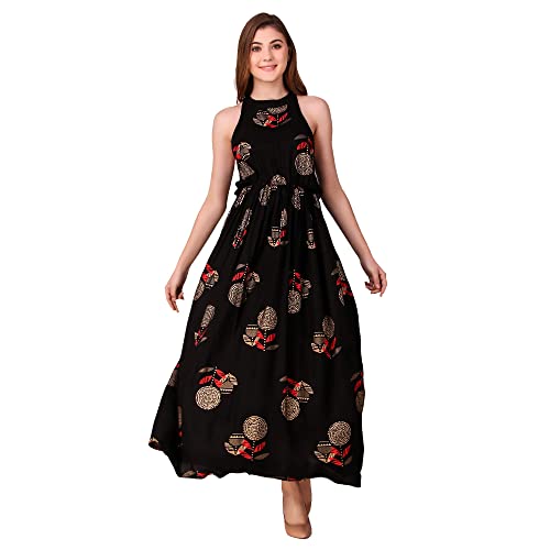 Image of Daevish Women's Rayon Fit and Flare Maxi Dress | Maxi Dress for Women Black