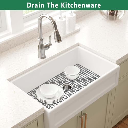 Image of GUUKIN Sink Protectors for Kitchen Mat - 29.7 inchx15.5 inch Silicone Kitchen Sink Mat Grid for Bottom of Farmhouse Stainless Steel Porcelain with Center Drain(Grey)