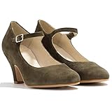  MOOMMO Damen Mary Jane Pumps Mit Blockabsatz Rund Kitten Heel Riemchenpumps Mit Schnalle Pumps Bequeme Geschlossene Freizeitschuhe Wildleder Dunkelgrün Größe 38