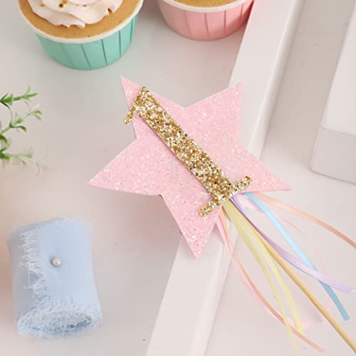 Glitter Star Rainbow Ribbon Cake Topper - First Birthday Pastel Rainbow And Unicorn Cake Topper，Rainbow Theme，Shooting Star,Girl Birthday Cake Decorations, 1St Birthday Pink Little Princess #TOP6