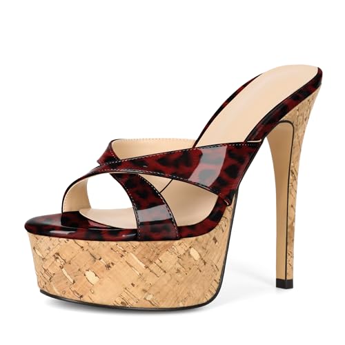Image of Esvowido Heeled Mules for Women Cork Platform Stiletto Heels Slip on Open Toe High Heeled Sandals Crisscross Slippers Pumps Shoes