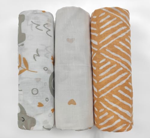 Image of Trance Home Linen Super Ultra Soft 100% Cotton Malmal Baby Swaddle Cloth | Baby Wrap for New Born Babies | Skin Frindelly Soft Baby Towel |New Born Swaddles-(100x100 Cm, Terra Tots,Pack of 3)
