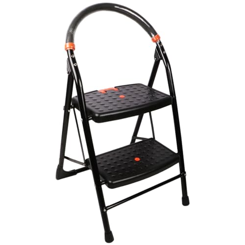 Image of CIPLA PLAST 2 Step Ladder for Home use | Heavy Duty Alloy Steel Foldable Step Ladder with Anti Skid Shoes and Extra Strong Wide Steps Milano 2 Steps | GEC-L2M (Black)