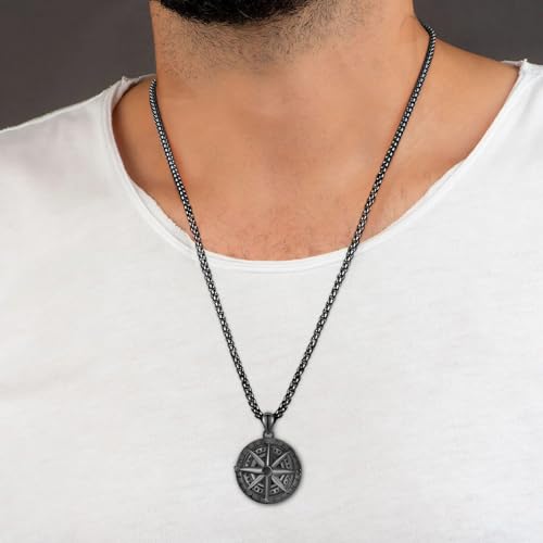 KINGWHYTE Compass Necklace S925 Sterling Silver Viking Rune Compass Pendant Nordic Pagan Jewelry Gifts for Men With Stainless Steel Chain-22+2inch(Black Gold)4