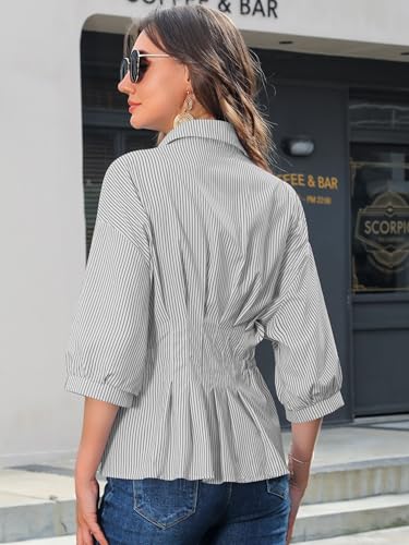 Women Pleated Peplum Blouse 3/4 Sleeve Button Down Cinched Waist Shirt Fitted Flattering Office Daytime Top
