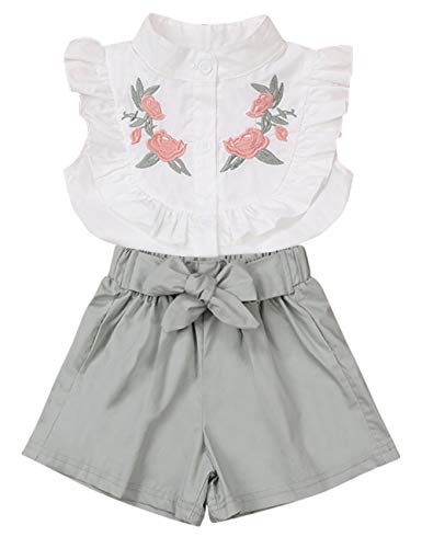 Toddler Girl Clothes Ruffle Floral Embroidery Shirt and Shorts Set 4-5 T Green