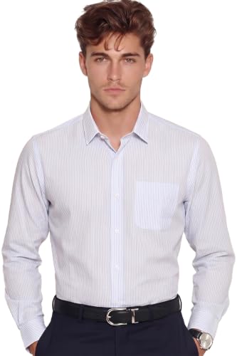 Image of Peter England Men's Regular Fit Full Sleeve Striped Formal Shirt | Cotton Rich | Wonder Fabric | Premium Dobby Weave