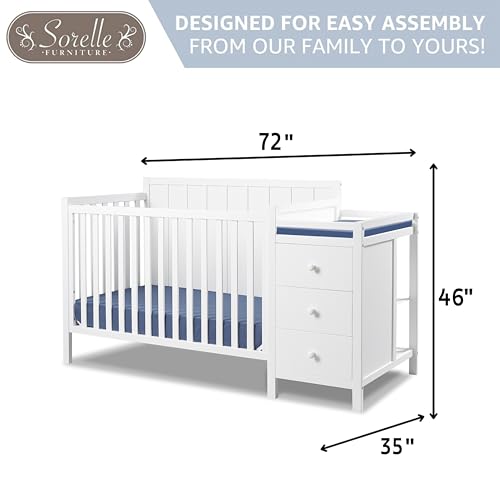 Image of Sorelle Essex Crib & Changer - 4-in-1 Convertible Crib, Non-Toxic Finish, Wooden Baby Bed, Toddler Bed, Child's Daybed, and Full-Size Bed, Nursery Furniture - White