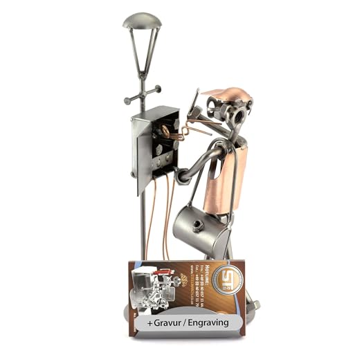 Steelman24 I Schraubenmännchen Elektriker Mit Blitz Mit Visitenkartenhalter Mit Persönlicher Gravur I Made in Germany I Handarbeit I Geschenkidee I Stahlfigur I Metallfigur