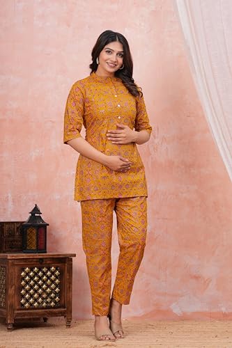 Image of Women Cotton Printed Co-Ord Set Kurta with Pant Set | Cotton Floral Printed Anarkali Maternity Feeding Kurta with Zipper /Maternity
