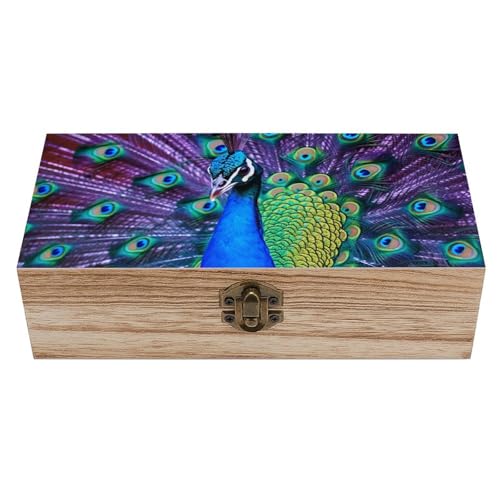FekiLoot Caja de recuerdos de madera de pavo real, caja del tesoro de memoria, pequeño cofre del tesoro de madera, baúl decorativo para recuerdos, para manualidades y almacenamiento de fotos