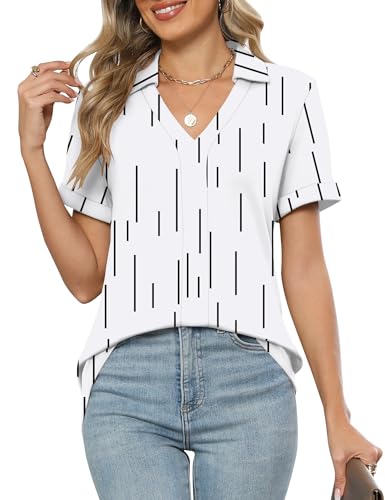 Rapbin Womens Tops Summer Short Sleeve V Neck Business Elegant Tunic Blouses Lapel Collar Dressy Casual Floral Polo Shirt Loose Work T-Shirts 2025(White Floral,L)