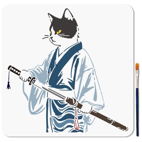 MAYJOYDIY Plantilla de gato samurái, plantilla de dibujos animados para pintar, 30 x 30 cm, estilo japonés, estilo kimono, plantilla de dibujo con pincel para pared, muebles, papel, lienzo, álbum de
