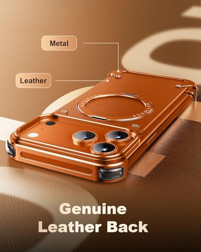 Image of Aluminum Frame Metal Bumper Compatible with iPhone 17 Pro Max | Simple Shield Air Cushion Shockproof | Edge Protection, Minimalist Slim - Black (Frame-Leather -Orange, iPhone 17 Pro Max)