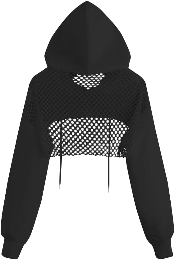 Remidoo Womens Cropped Hoodie Fishnet Long Sleeve Crop Top Hollow Out Drawstring Sweatshirt - Image 4