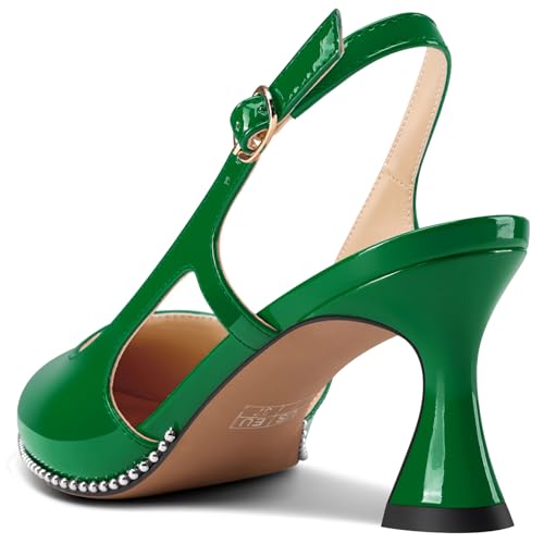 Image of TNYNFBEB Womens Kitten Heel Pointed Toe Pumps Sliver Beaded Slingback Slip-on Buckle Prom Dress Basic Classic Patent Leather Summer 2.6 Inches Heels
