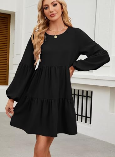 Image of QACOHU Falll Dresses for Women 2026 Crew Neck Long Lantern Sleeve Casual Loose Flowy Swing Shift Dress