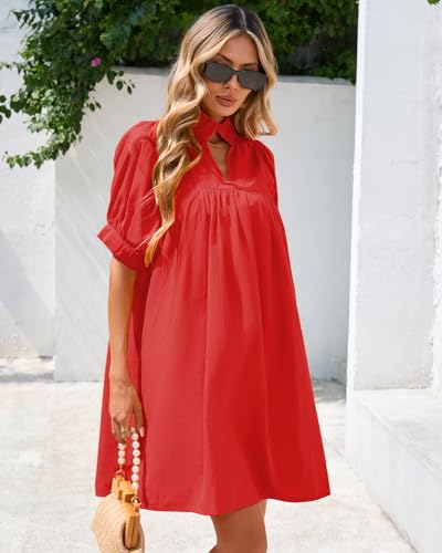 Image of YEXPINE Women's Ruffle Collar High Neck Mini Dress Puff Short Sleeve Cotton Babydoll Peplum Dresses with Pockets