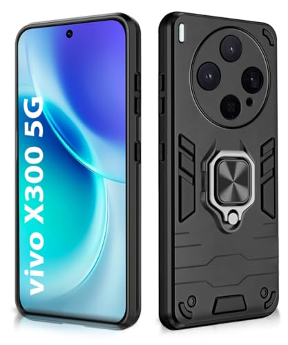 Image of WOW IMAGINE Shock Proof Back Case Mobile Cover for Vivo X300 5G | Back Cover Case (Tough Armor | Hybrid PC + TPU | Ring Holder & in-Built Kickstand | Black)