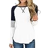 Hilltichu Womens Color Block Round Neck Tunic Tops Casual Long Sleeve Shirt Blouse A-white