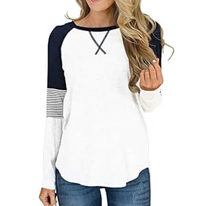 Hilltichu Womens Color Block Round Neck Tunic Tops Casual Long Sleeve Shirt Blouse A-white
