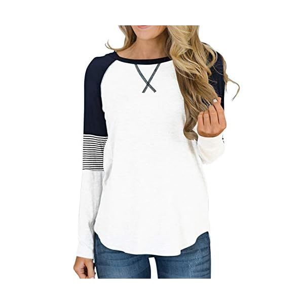 Hilltichu Womens Color Block Round Neck Tunic Tops Casual Long Sleeve Shirt Blouse A-white